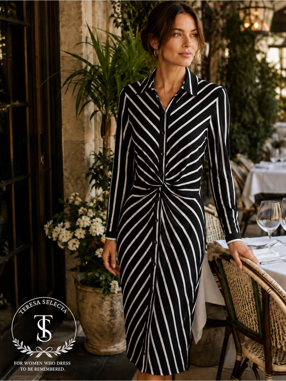 Venus Black White Striped Ruched Button Front Midi Dress Size M